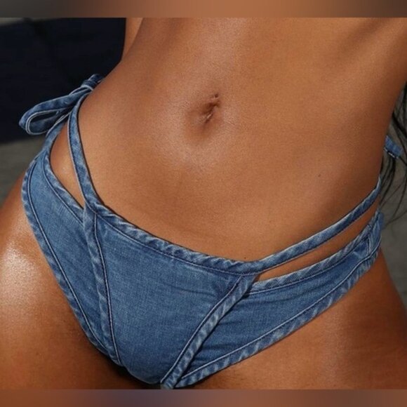 I.AM.GIA Jessica Stretch Denim Bikini Bottom Side Tie in Indigo Size Large NEW - Picture 1 of 13